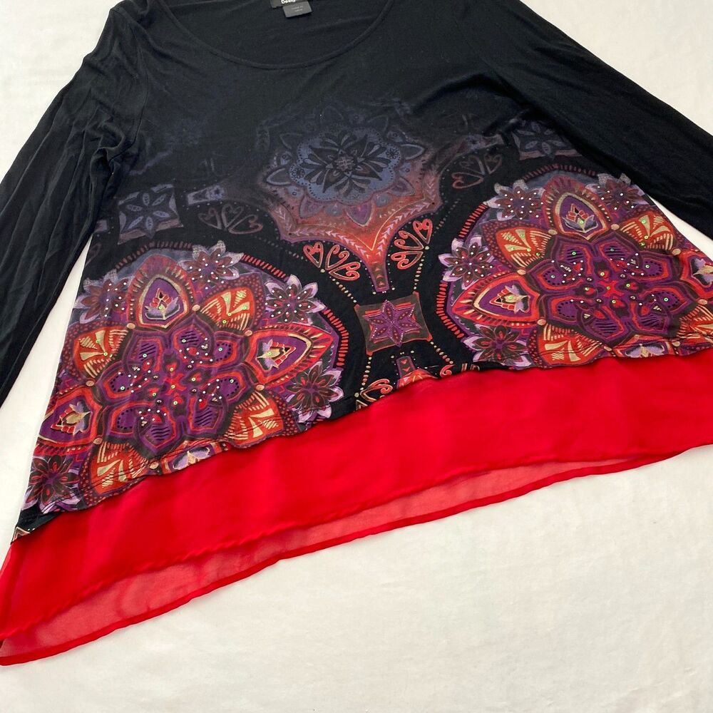 Desigual Whimsigoth Top Blouse Tattoo Boho Flowy Womens Large Black Red Fairy - Picture 4 of 13